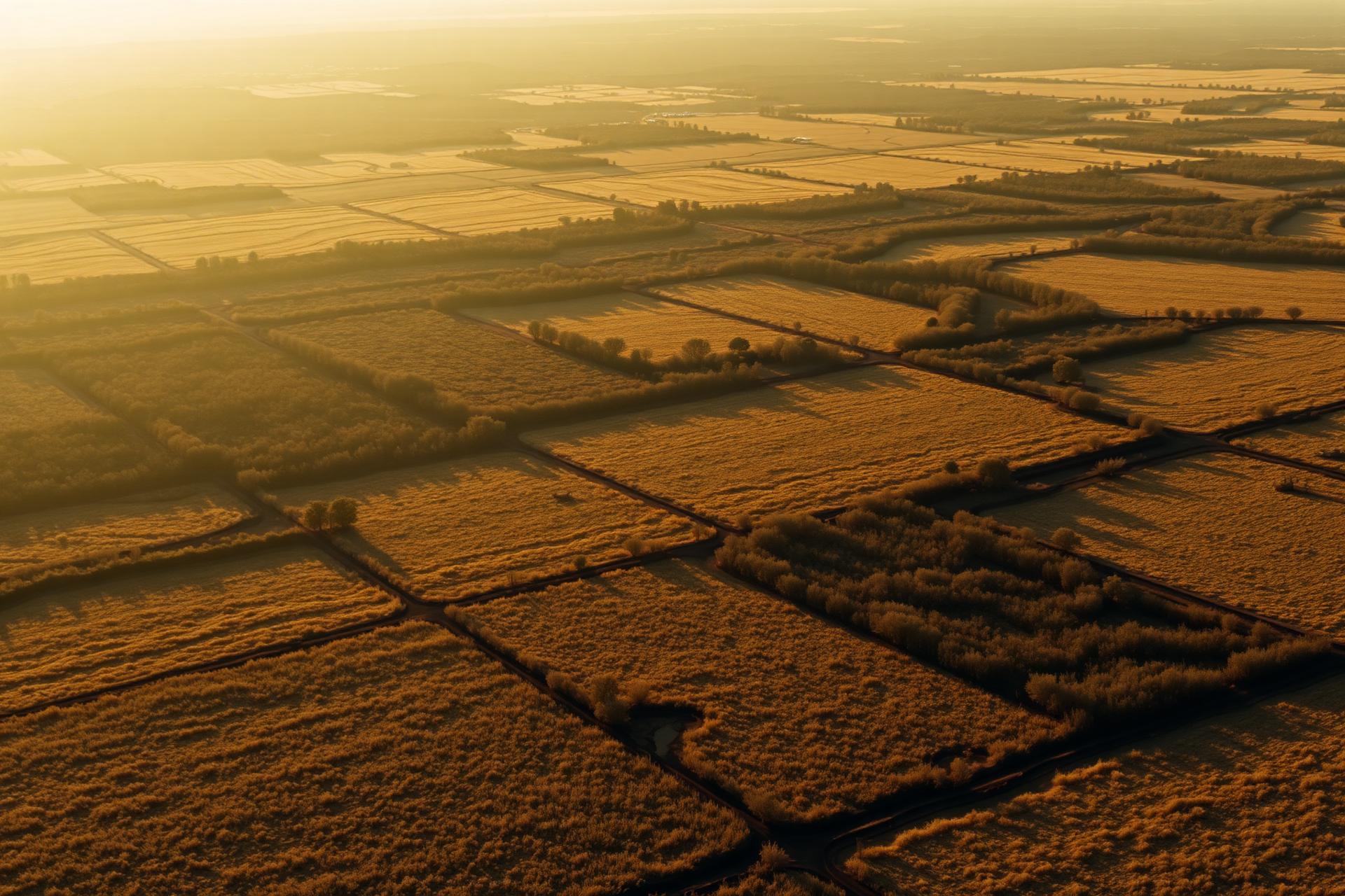 Aerial view of parcels of undeveloped land at golden hour